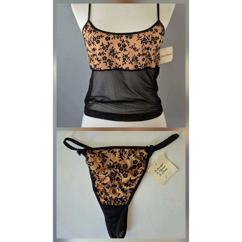 Biatta Intimates Black Brown Floral Vintage Mesh Camisole Set Womens Large/7